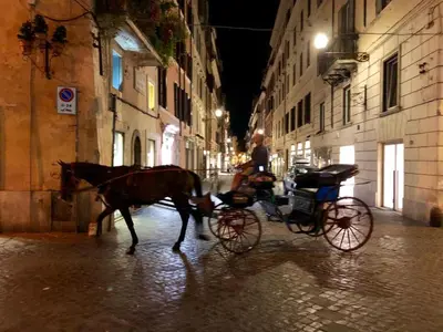 a horse pulling a carriage down a street at night at Luxury Apartment Frattina 34 Anelli in Rome