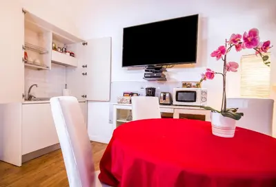 a room with a red table with chairs and a tv at Smart Lodgings Plus in Rome