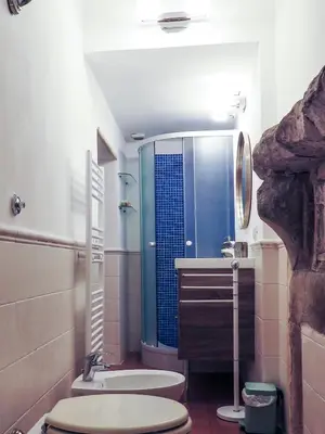 a bathroom with a toilet and a sink and a shower at Casa del Moro - romantic loft in Trastevere in Rome