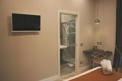 a bathroom with a shower and a television on a wall at Hotel Roma Vaticano in Rome