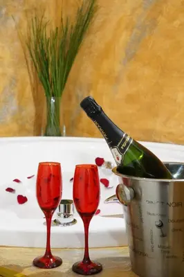 a bottle of champagne in a bucket next to two wine glasses at Navona Jacuzzi Apartment in Rome
