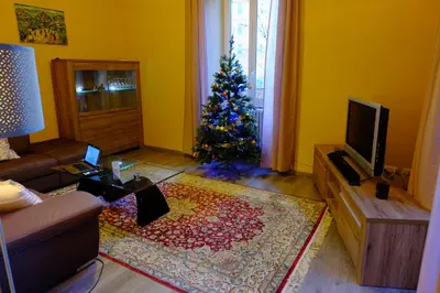 a living room with a christmas tree and a television at Villa Ella in Rome