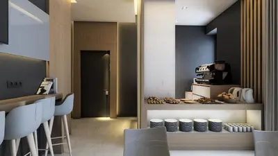 a restaurant with a counter with chairs and a table at Concept Terrace Hotel in Rome