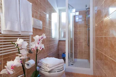 a bathroom with a shower and a toilet with towels at Holiday flat in central location in Rome in Rome