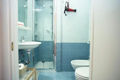 a bathroom with a shower and a toilet and a sink at Il Bonsai B&B in Rome