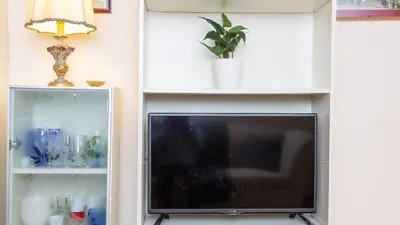 a television in a room with white shelves at Rental in Rome Falegnami in Rome