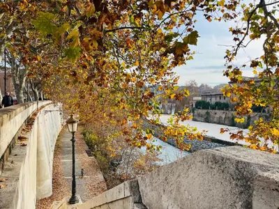 a bridge over a river with a street light at Torre Tolomei Trastevere in Rome