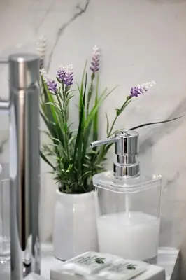 a bathroom counter with a soap dispenser and flowers at Roman Nights in Rome