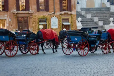 a group of horse drawn carriages parked on a street at THE BREAK - Via Veneto Charming Suite in Rome