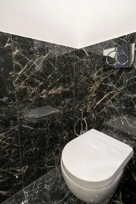 a bathroom with a white toilet in a black wall at Almaìt in Rome