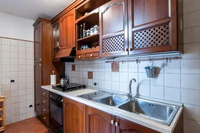 a kitchen with wooden cabinets and a stainless steel sink at Mons Aureus Resort in Rome
