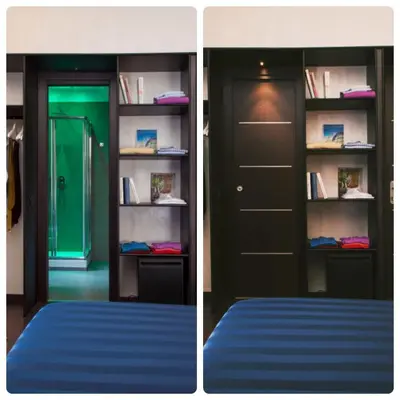 two pictures of a room with a bed and a book shelf at Residenza Dorò- 24x7 Check-in in Rome
