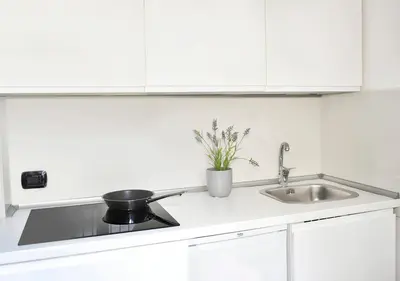 a kitchen counter with a sink and a pot on it at Roma Resort Termini in Rome