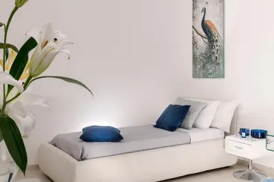 a white living room with a couch with blue pillows at St.Peter's Eden in Rome
