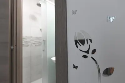 a bathroom with a glass door with butterfly stickers at AFFITTACAMERE A CASA MIA in Rome