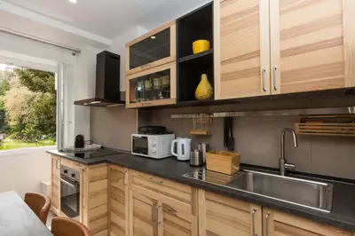 a kitchen with wooden cabinets and a sink at Lovely New Apartament, Viale Trastevere in Rome