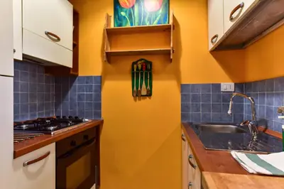 a kitchen with yellow walls and a sink at Trastevere Queen in Rome