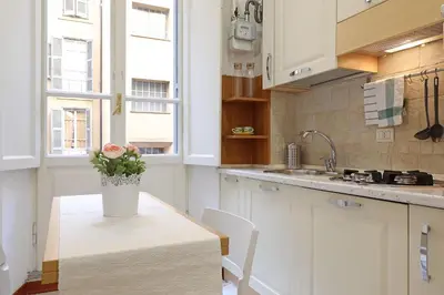 a kitchen with a vase of flowers on a table at Olafo’s house in Rome