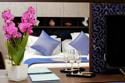 a bedroom with a bed with purple pillows and wine glasses at Houses&HousesVEDOROMA in Rome