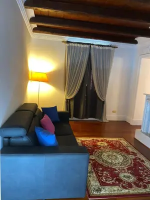 a living room with a blue couch and a rug at Cozy flat in Rome in Rome