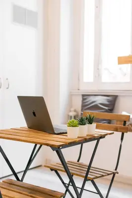 a laptop on a wooden table with potted plants at Winkler Suites in Rome