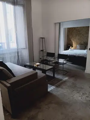 a living room with a couch and a bed at Loft Farnese soggiorno 2 stanze 2 bagni luxury centro in Rome