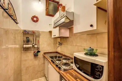 a small kitchen with a stove and a microwave at Roman Atmospheres in Rome
