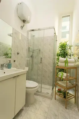 a bathroom with a shower and a toilet and a sink at San Peter Dill House in Rome