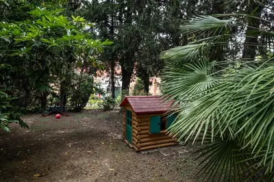 a small wooden cabin in the middle of a forest at Vatican Quiet Apartment with Garden & Parking in Rome