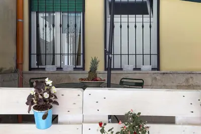 a table with two potted plants in front of a building at Il Cortiletto di Via Tuscolana in Rome
