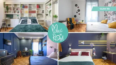 two pictures of a bedroom with two beds and a room with blue walls at GLAM 50 - Exlusive Penthouse in the Heart of Rome in Rome
