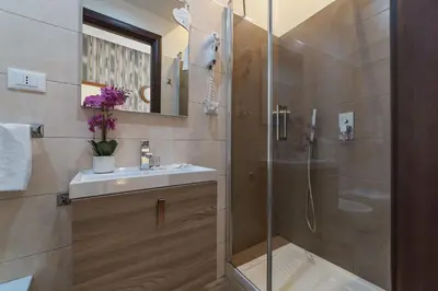 a bathroom with a shower and a sink and a mirror at Hotel Mimosa Pantheon in Rome