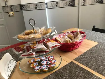 a table with two plates of food and a basket of pastries at B&B Da Ponticello in Rome