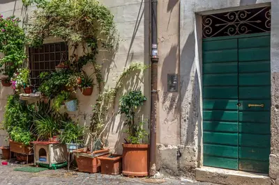 a building with a green door and potted plants at iFlat Trastevere Bianca's House in Rome