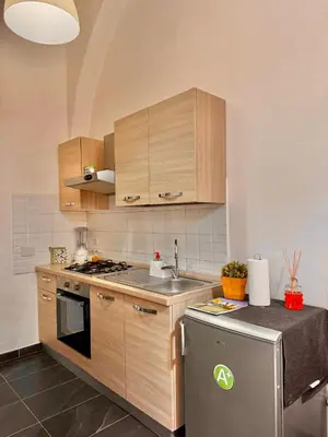 a kitchen with wooden cabinets and a sink and a stove at AMP Vatican House in Rome