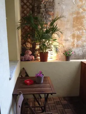 a table with potted plants on a window sill at Regola Suite in Rome
