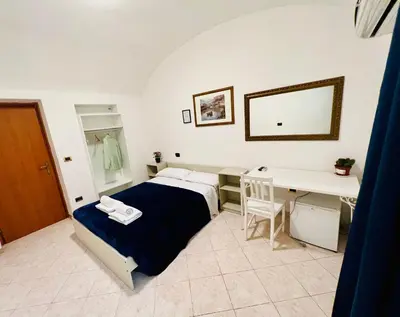 a small bedroom with a bed and a desk at Hotel Pisa in Rome