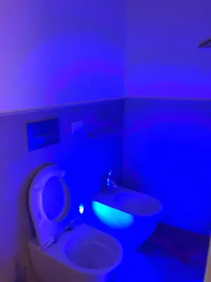 a bathroom with a white toilet and a blue light at Visione Via Sant’Andrea delle Fratte, 36 in Rome