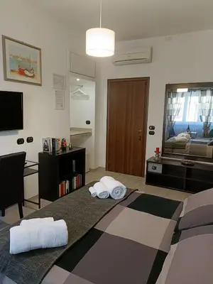 a room with a bed and a desk and a television at Vatican Break Home in Rome