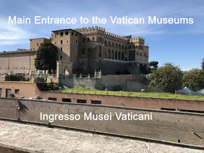 a view of a castle with the words main entrance to the vatican museums at Museum Inn - Una finestra sui Musei Vaticani in Rome