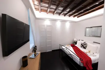 a bedroom with a bed and a flat screen tv at Barcaccia Luxury Suites in Rome
