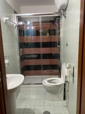 a bathroom with a shower and a toilet and a sink at Aquarium Termini in Rome