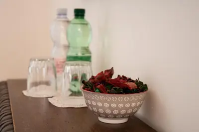 a bowl of flowers sitting on a table with bottles at Dillo Suites in Rome