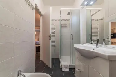 a white bathroom with a sink and a shower at Romantic Apartment in Rome, 50 sqm, Parking in Rome