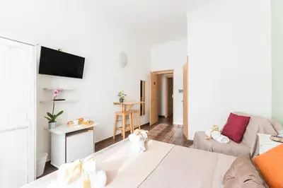 a living room with a couch and a tv at Domus Victoria Guest House in Rome
