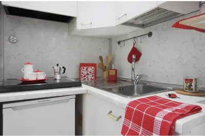 a kitchen with a sink and a red and white towel at La casa di Remo in Rome