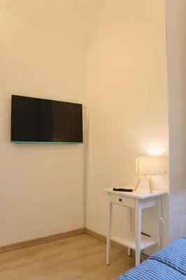 a room with a bed and a desk with a television on the wall at Domus Vatican Museum in Rome