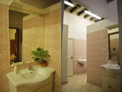two pictures of a bathroom with a sink and a toilet at Ostello Marello in Rome