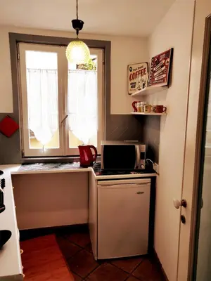 a small kitchen with a microwave and a window at Sweet Home Panisperna in Rome