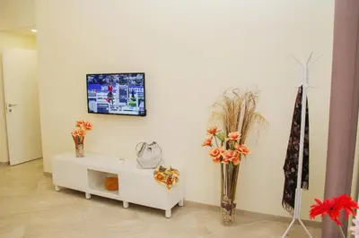 a white room with flowers and a tv on a wall at DOMUS DIVI - appartamento nel cuore di Roma in Rome